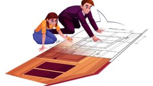Illustration of Architects Reviewing Architectural Blueprint and Floor Plan