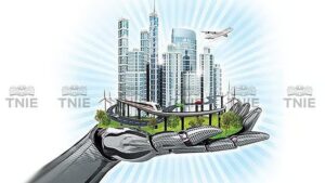 Illustration of a Robotic Hand Holding a Smart Sustainable City of the Future