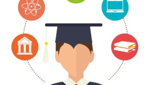 Graduate with Icons Representing Diverse Fields of Higher Education