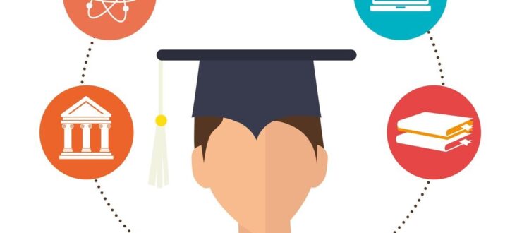 Graduate with Icons Representing Diverse Fields of Higher Education