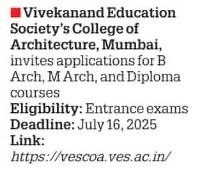 VESCOA Admission Notice, B.Arch, M.Arch and Diploma Programs 2025-26