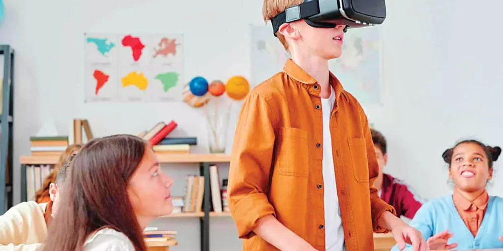 Student Using VR Headset in Classroom, AR and VR in Modern Education