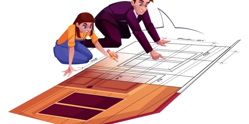 Illustration of Architects Reviewing Architectural Blueprint and Floor Plan