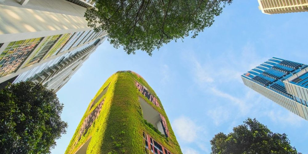 Green Building with Vertical Garden Facade Surrounded by Urban High-Rise Towers