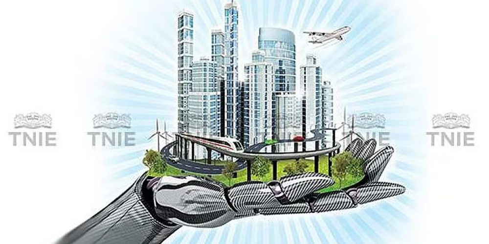 Illustration of a Robotic Hand Holding a Smart Sustainable City of the Future